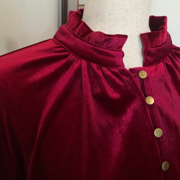 Red Velvet Ruffle Neck Blouse XL Long Sleeve Top Holiday Party Romantic Goth - Picture 4 of 10
